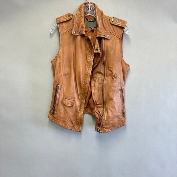 Muubaa Lynn Tan Brown Sleeveless Leather Biker moto jacket vest US Size 6 UK 10 - Picture 2 of 15